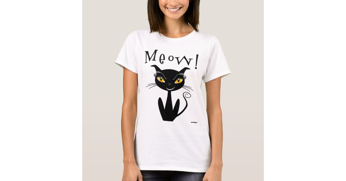 Whimsical Black Cat Meow! T-Shirt | Zazzle