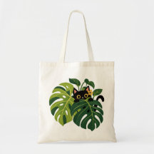 Whimsical Black Cat Monstera Botanical Art