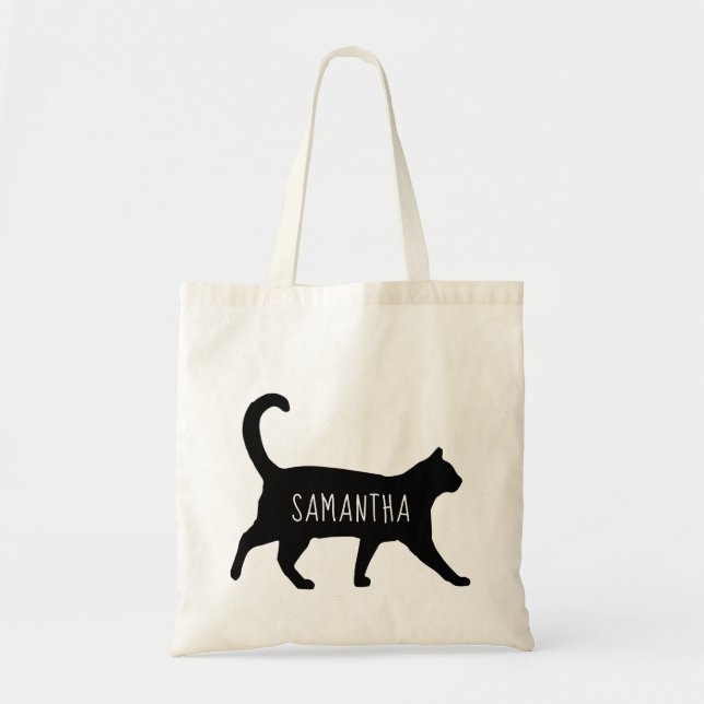 Whimsical Black Cat Personalized with Your Name Tote Bag (Front)
