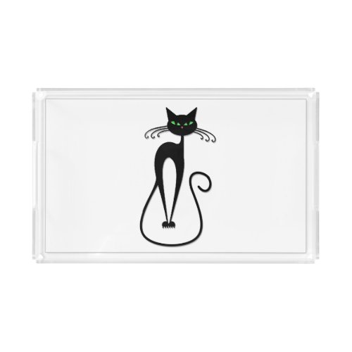 Whimsical Black Cat Piercing Green Eyes Acrylic Tray