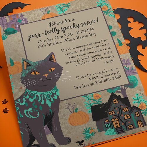 Whimsical Black Cat Rustic Neutral Green Halloween Invitation