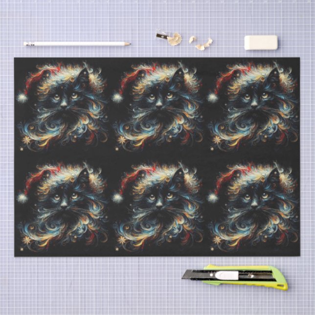 Whimsical Black Cat Santa Christmas Hat Decoupage Tissue Paper (Craft)