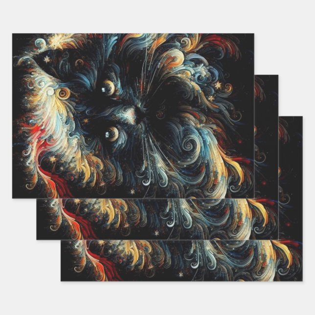 Whimsical Black Cat Santa Christmas Hat Decoupage Wrapping Paper Sheets (Set)