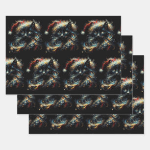 Whimsical Black Cat Santa Christmas Hat Decoupage Wrapping Paper Sheets