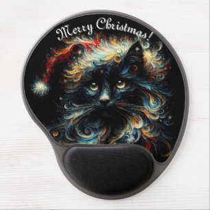 Whimsical Black Cat Santa Christmas Hat Seasonal  Gel Mouse Pad