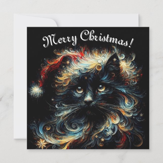 Whimsical Black Cat Santa Christmas Hat Seasonal  Holiday Card (Front)
