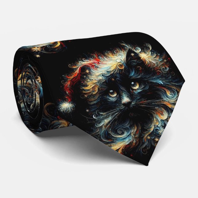 Whimsical Black Cat Santa Christmas Hat Seasonal  Neck Tie (Rolled)
