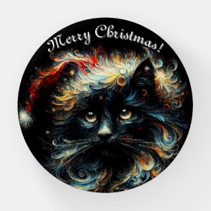 Whimsical Black Cat Santa Christmas Hat Seasonal Paperweight