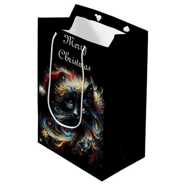 Whimsical Black Cat Santa Christmas Personalized Medium Gift Bag (Front Angled)