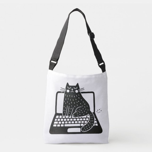 Whimsical Black Cat Sitting on Laptop Crossbody Bag (Front)