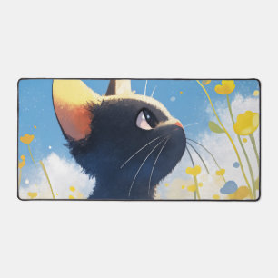 Whimsical Black Cat Sunny Yellow Buttercup Sky Desk Mat