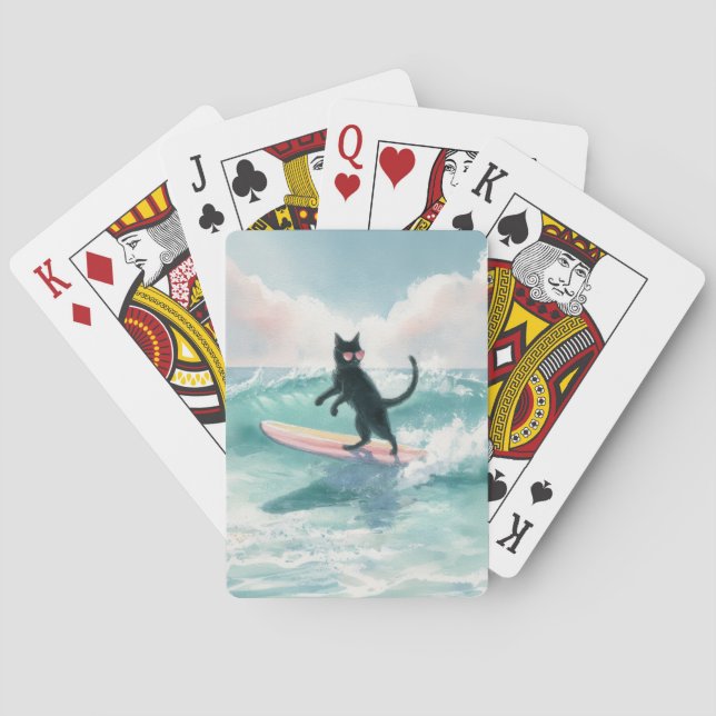 Whimsical Black Cat Surfing Playing Cards (Back)