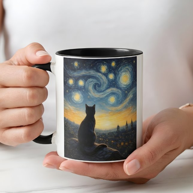 Whimsical Black Cat & Swirling Sky Art Coffee Cup (Creator Uploaded)