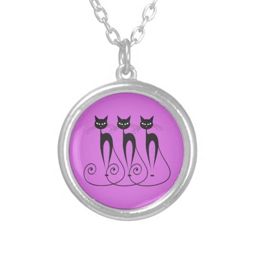 Whimsical black cat triplet silver plated necklace