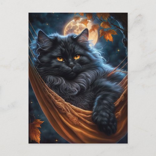Whimsical Black Cat under the Halloween Moon Postcard