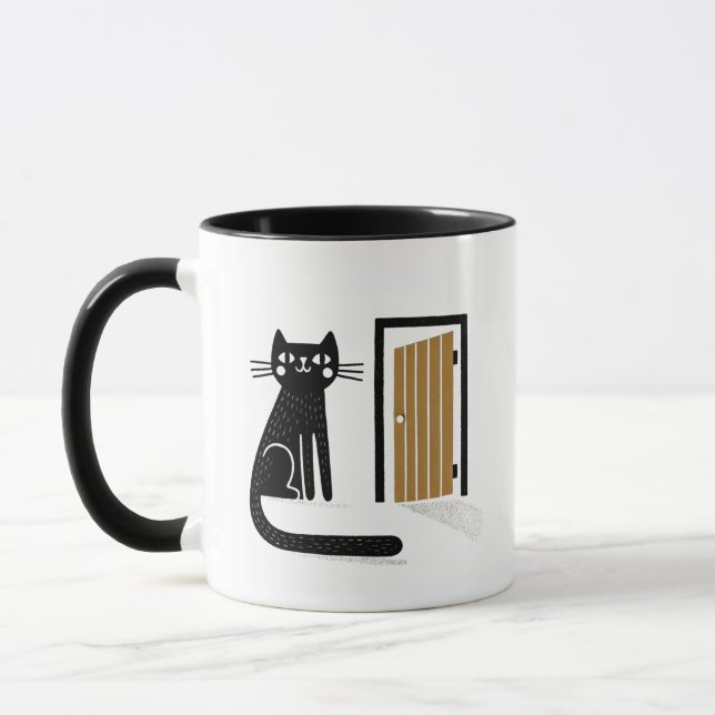 Whimsical Black Cat Waiting at the Door Mug (Left)