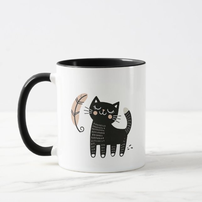 Whimsical Black Cat Watching a Feather Fly Mug (Left)