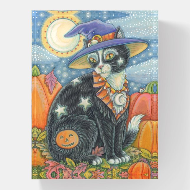 WHIMSICAL BLACK CAT WITCH, HALLOWEEN PAPERWEIGHT (Vertical)