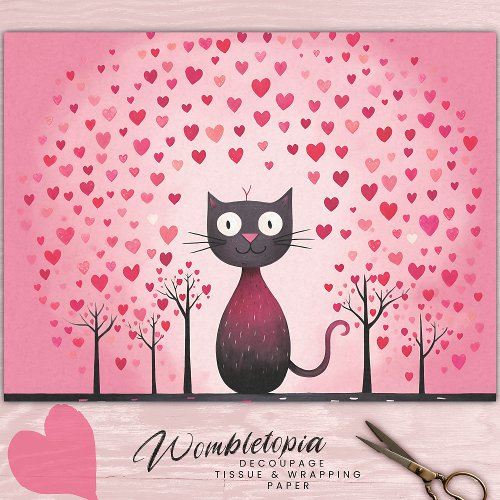 Whimsical Black Cat With Pink Love Heart Decoupage Tissue Paper