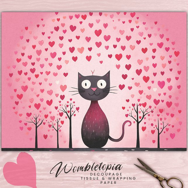 Whimsical Black Cat With Pink Love Heart Decoupage Tissue Paper (Creator Uploaded)