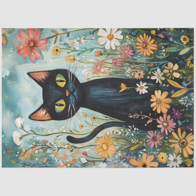 Whimsical Black Cat with Wildflowers Decoupage Tissue Paper (Front)
