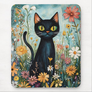 Whimsical Black Cat with Wildflowers Illustration Mouse Pad