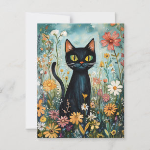 Whimsical Black Cat with Wildflowers Illustration Postcard