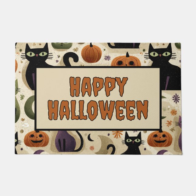 Whimsical Black Cats and Halloween Pumpkins Doormat (Front)