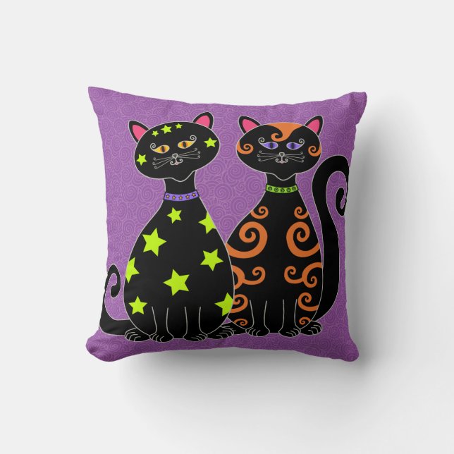 Whimsical Black Cats Halloween Throw Pillow (Front)