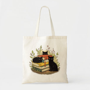 Whimsical Black Cats Stacked Books Floral Art Tote Bag
