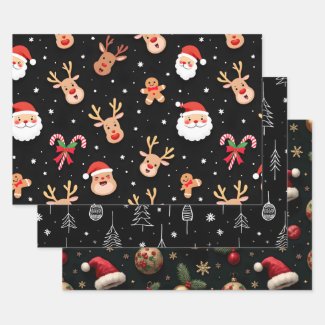 Whimsical Black Christmas Wrapping Paper Sheets