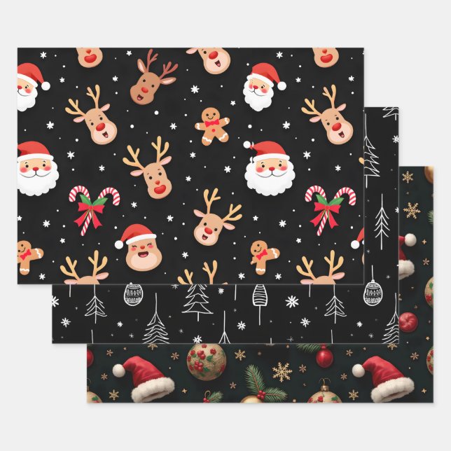 Whimsical Black Christmas Wrapping Paper Sheets (Set)