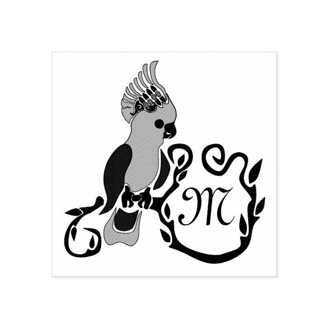 Whimsical Black Cockatoo Monogram Rubber Stamp (Imprint)