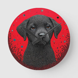 Whimsical Black Dog Round Clock