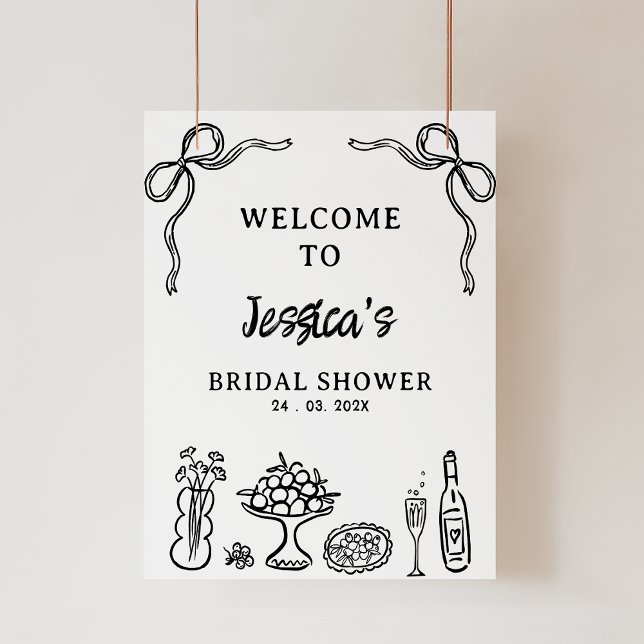 Whimsical Black Drawn Bridal Shower Welcome Sign (Black Hand Drawn Whimsical Bridal Shower Welcome Sign Bow Food Drinks Black Illustration Bridal )