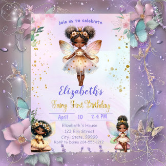 Whimsical Black First Fairy Whimsical Birthday  Invitation