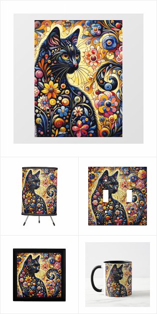 Whimsical Black Floral Cat Kitty Home Decor