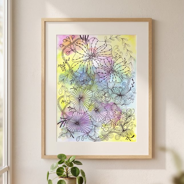  Whimsical Black Floral Line Art Pastel Watercolor Poster (Creator Uploaded)