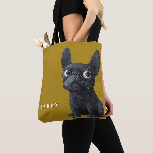 Whimsical Black Frenchie Mustard Yellow Dog Tote (Close Up)