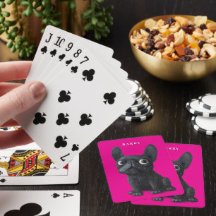 Whimsical Black Frenchie neon pink Dog Poker Cards