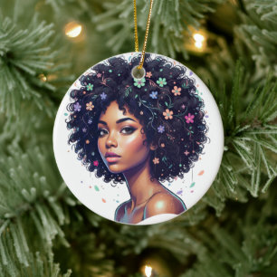 Whimsical Black Girl W/ Flower Adorned Afro Ceramic Ornament