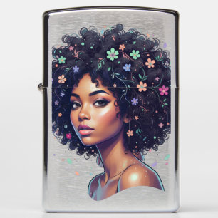 Whimsical Black Girl With Flower Adorned Afro Zippo Lighter