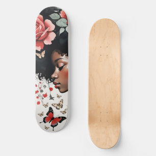 Whimsical Black Girl with Roses and Butterflies Skateboard