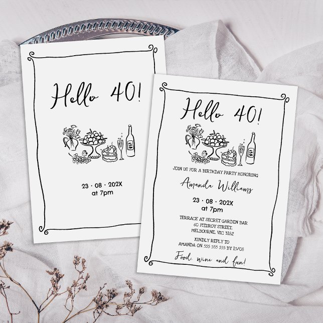 Whimsical Black Hand Drawn 40th Birthday Invitation (Whimsical Hand Drawn Hello 40 Birthday Invitation, Any Age Whimsical Birthday Invitation, Food Drink)