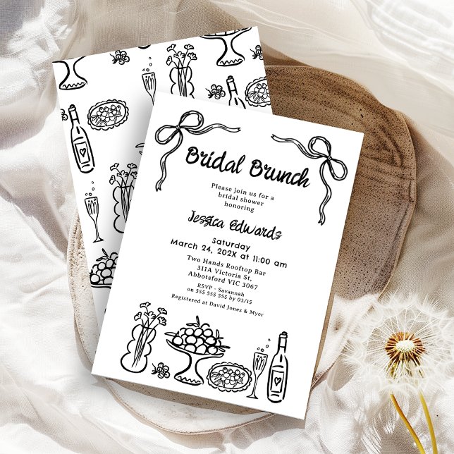 Whimsical Black Hand Drawn Bridal Brunch Shower Invitation (Whimsical Black Bridal Brunch Bridal Shower Invitation, Pattern Back, Doodle, Food Drink Hand Drawn )