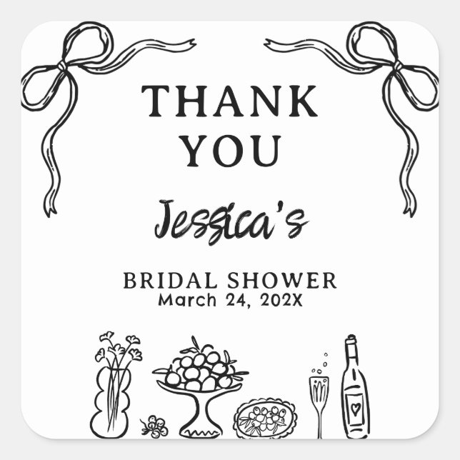 Whimsical Black Hand Drawn Bridal Shower Favor  Square Sticker (Front)