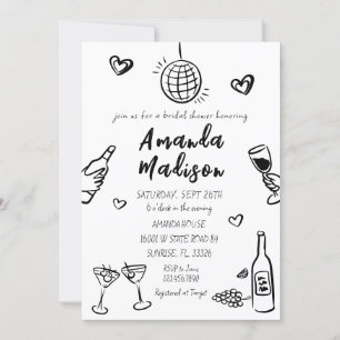 Whimsical Black Hand Drawn Wine Bridal Shower Invitation