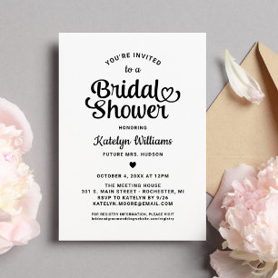 Whimsical Black Heart Script Bridal Shower Invitation