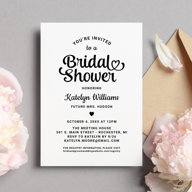 Whimsical Black Heart Script Bridal Shower Invitation (Creator Uploaded)