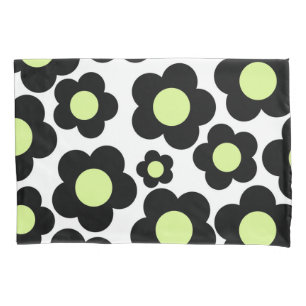Whimsical Black & Lime Green Floral Retro Cheerfu Pillow Case